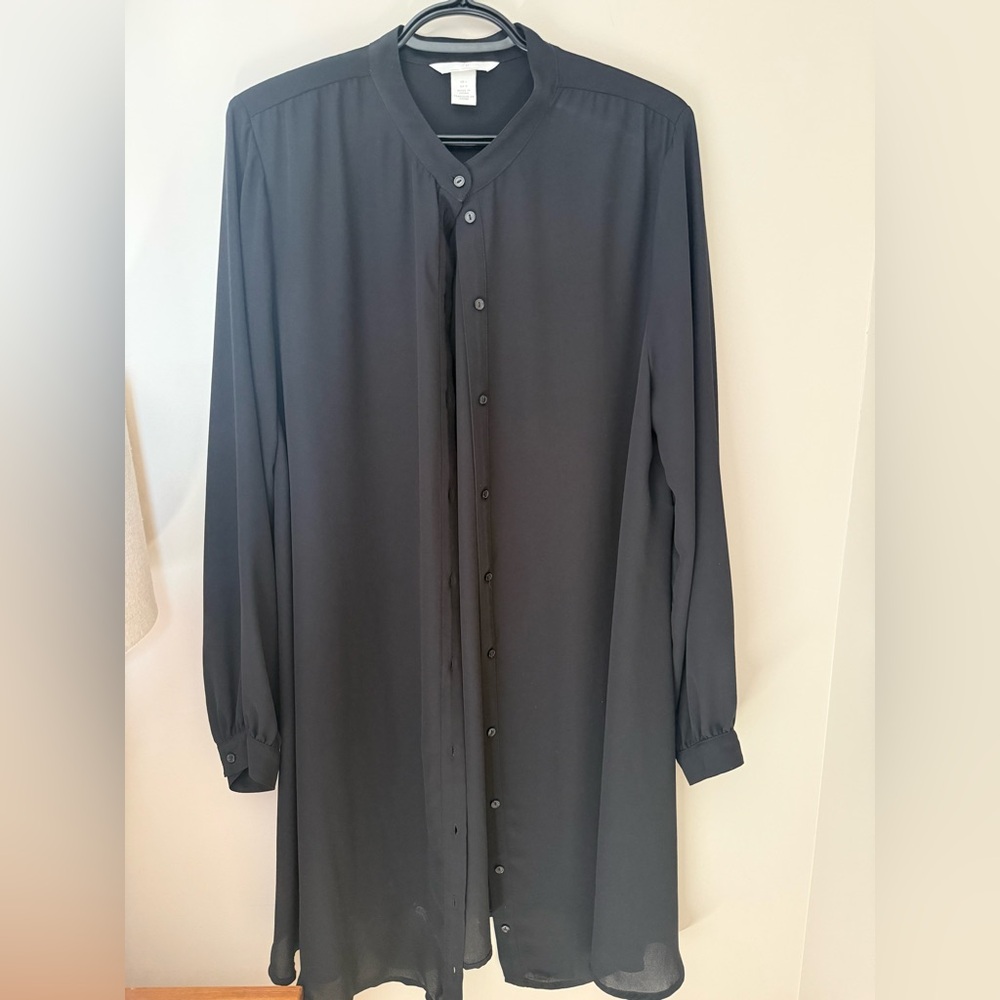 Sheer Black Long Button-Front Shirt Dress